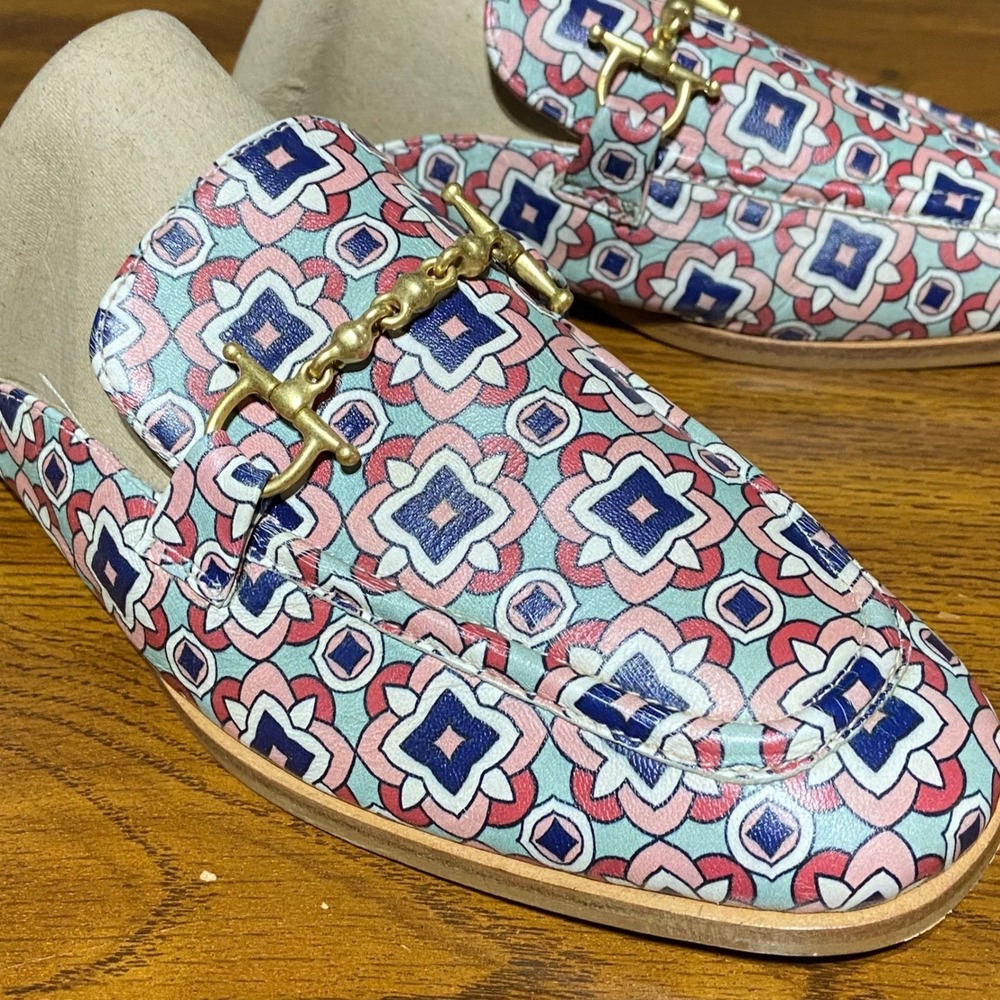 Boden Pink Blue Geometric Tile Print Leather Horsebit Mules Loafers EU38 W7 New